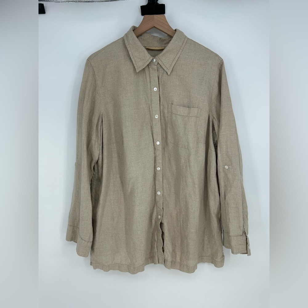 Kate Hill 100% Linen Women's 2X Beige Long Sleeve Button Down Blouse
